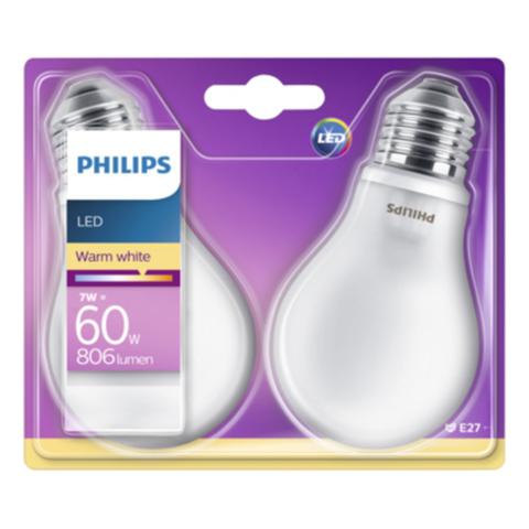 Ampoules led standar e27 60w philips lot de 2 blanc chaud pas cher