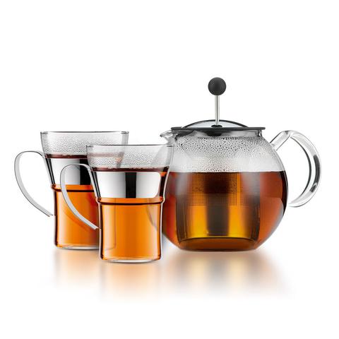 Théière à piston assam 1 l avec 2 tasses en verre pas cher